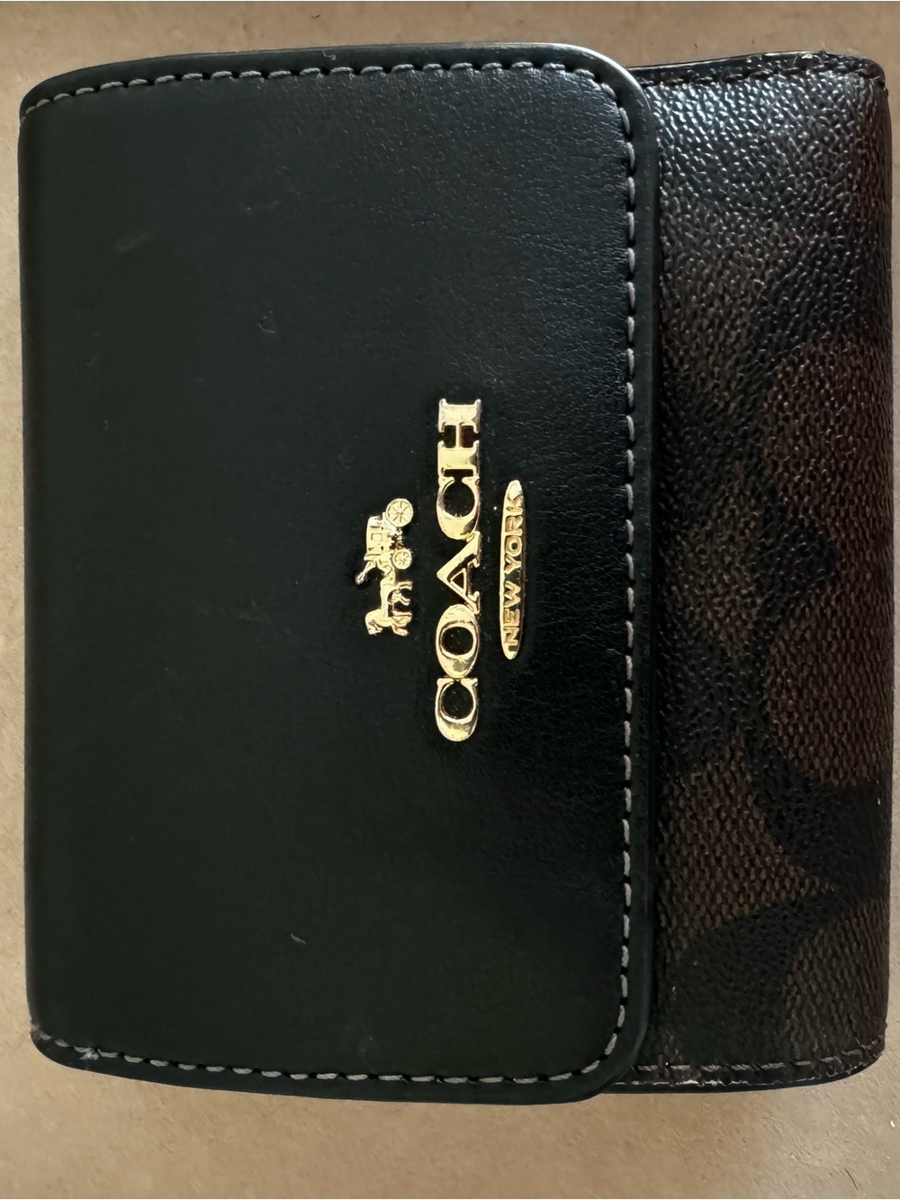 Coach Signature Canvas Black Leather Small Snap Wallet Gold Hardware